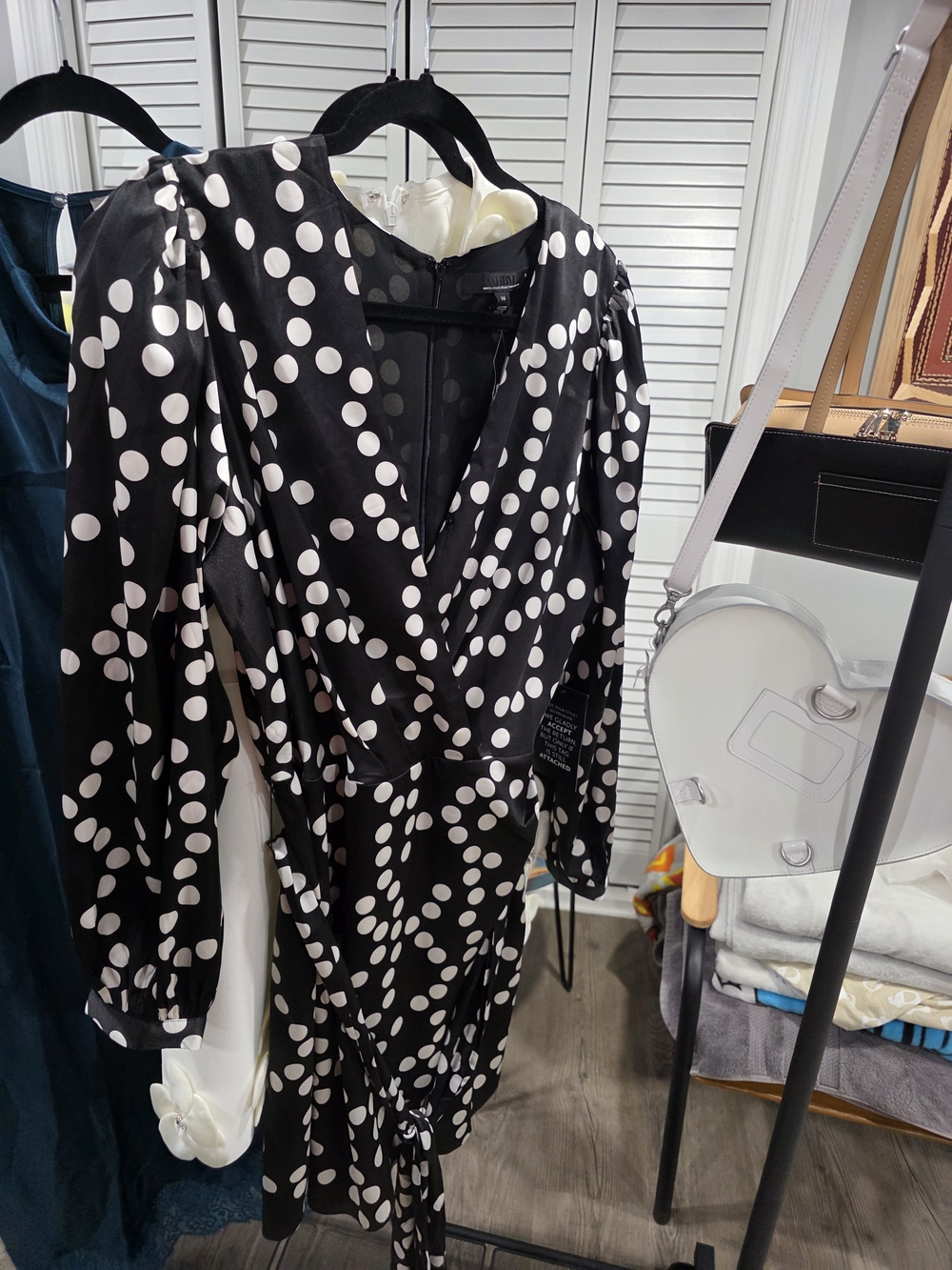 White House Black Market Black and White Polka Dot Wrap Midi Dress - Picture 6 of 10